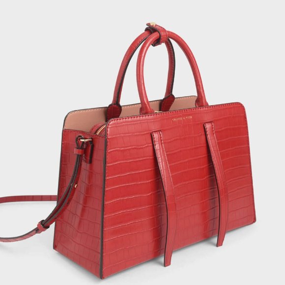 Charles & Keith Handbags - Charles & Keith Red Top Handle Bag | Croc-embossing | Never Used